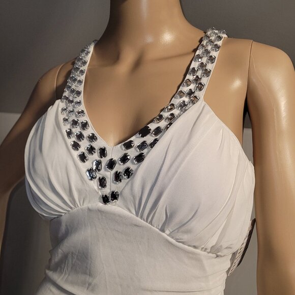 Sexy Women White Lace Rhinestone Mini Club Party Cocktail Dress Small N9073 - Picture 4 of 7